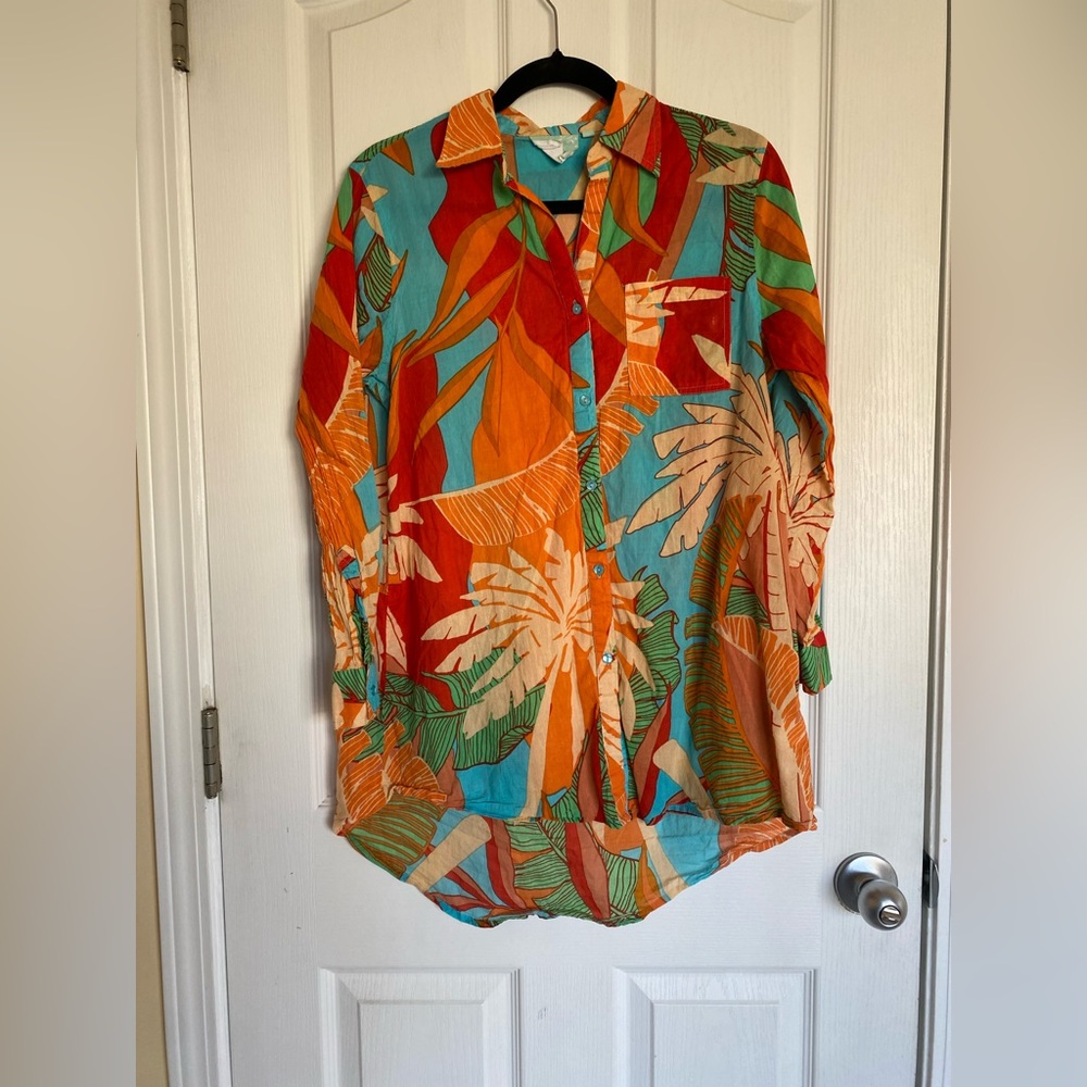 TRUE DESTINATIONS Sunset Shirt Tunic Swim Coverup Tropical Print Size XS